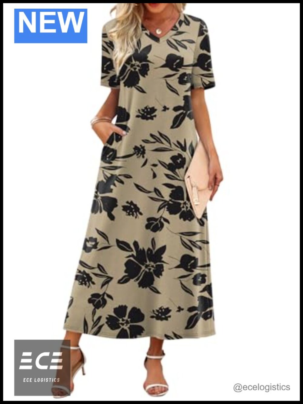 WIHOLL Women's Maxi Dress V Neck Short Sleeve Floral Casual Beach Summer Travel